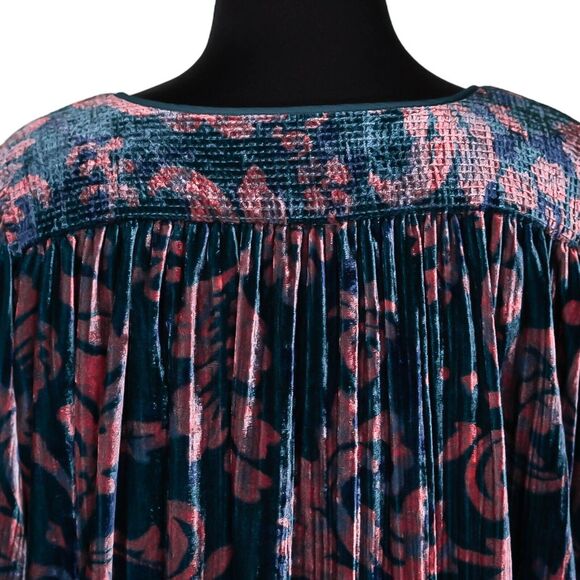 Anthropologie Women's Blouse Teal Peach Floral Velvet Oversized Tie Front Top L - Picture 9 of 10